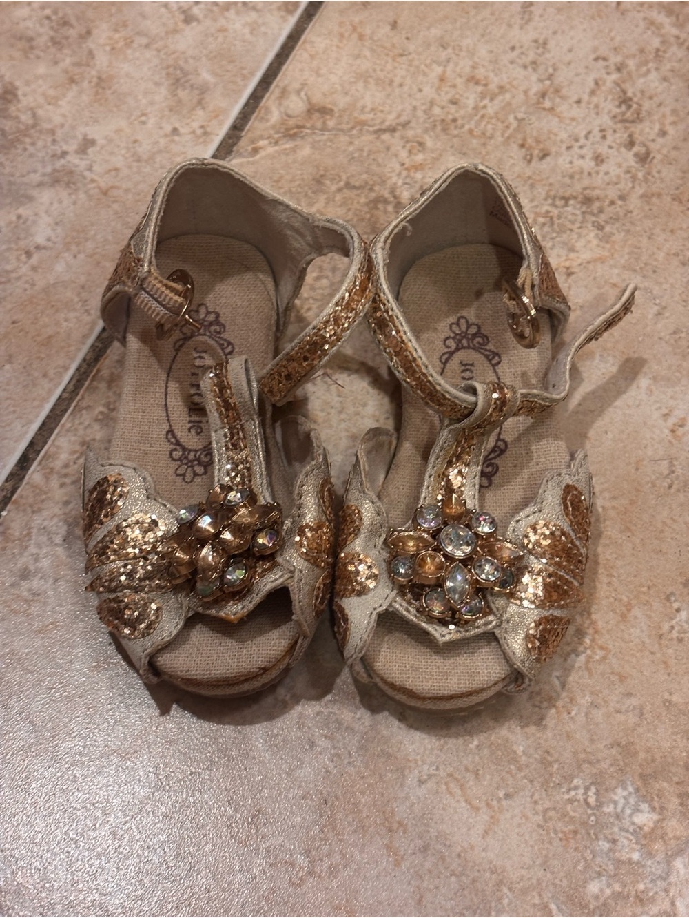 Joyfolie Gold Glitter Flower Gem Baby Sandals